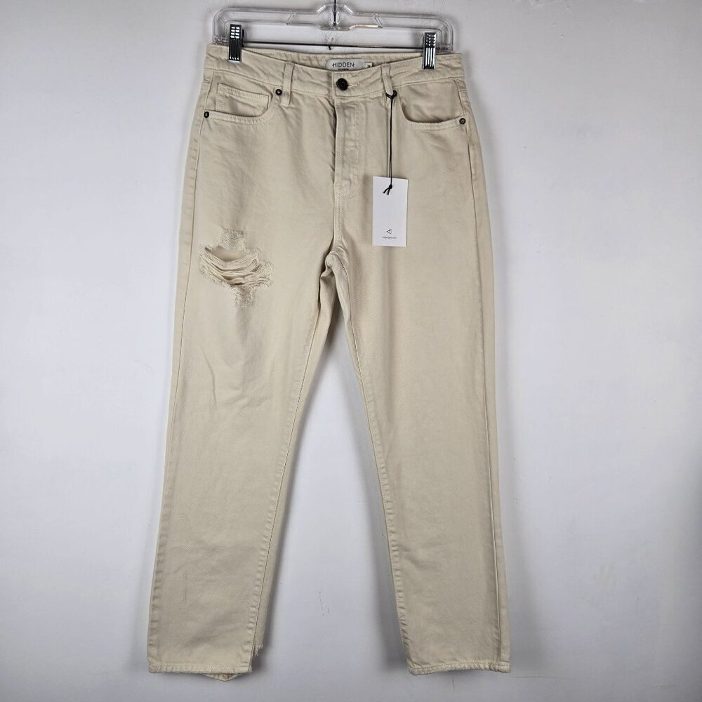 Hidden Jeans Tracey High Rise Straight Womens 28 Cream Distressed Button Fly